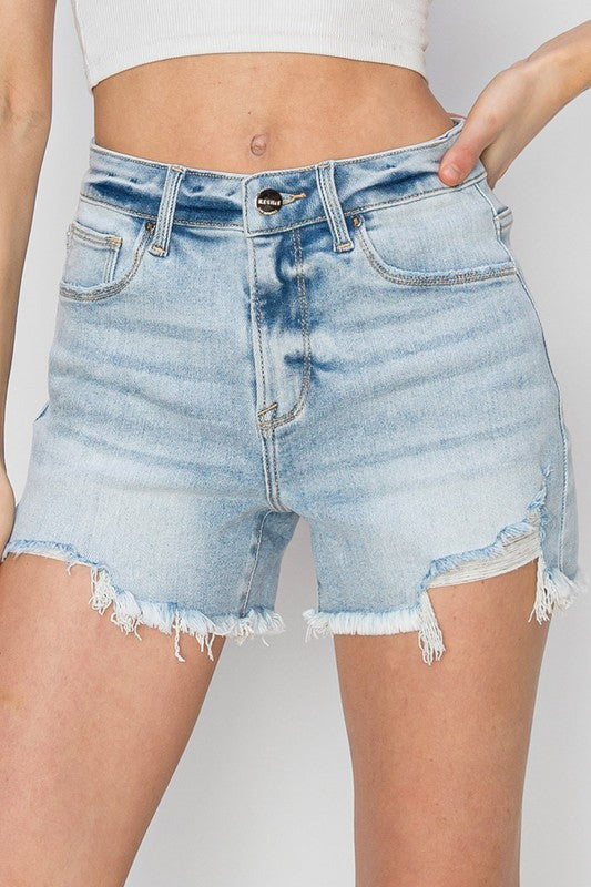 RISEN RUBY HIGH RISE DISTRESSED SHORTS LIGHT