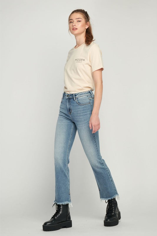 HIDDEN HAPPI MID RISE MEDIUM WASH FRAYED HEM CROP FLARE MOLLY