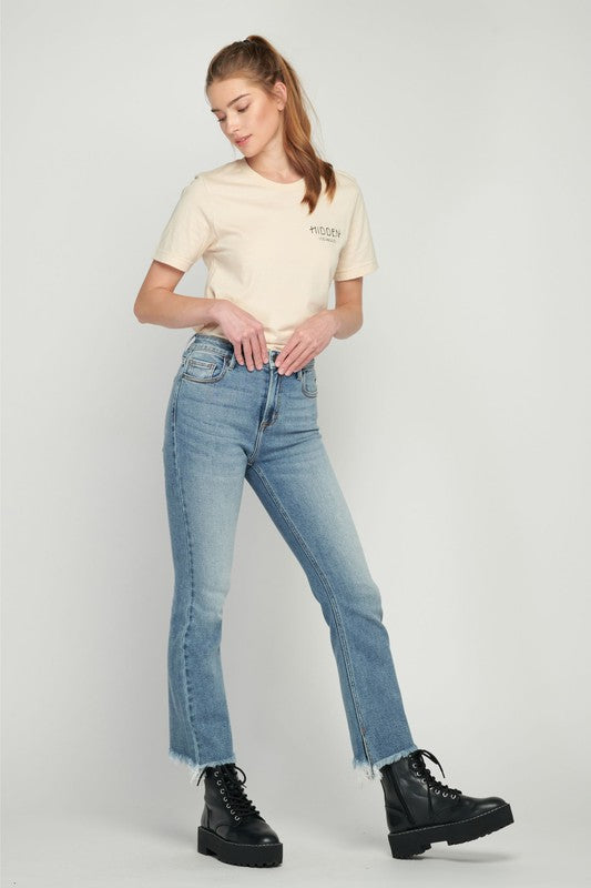 HIDDEN HAPPI MID RISE MEDIUM WASH FRAYED HEM CROP FLARE MOLLY