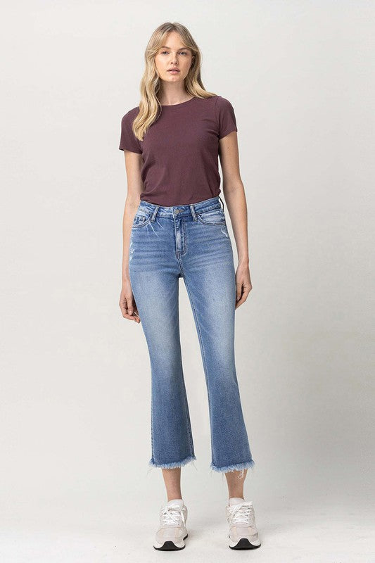 VERVET PENNY HIGH RISE CROPPED KICK FLARE FRAYED HEM
