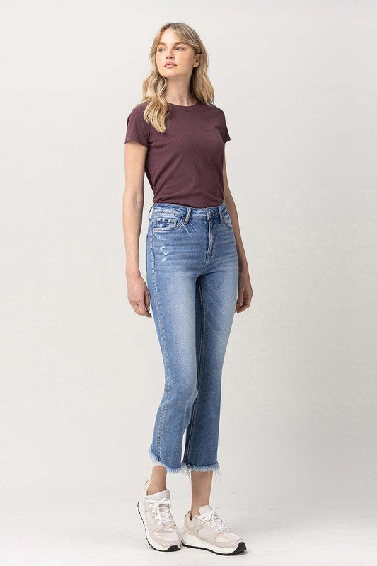 VERVET PENNY HIGH RISE CROPPED KICK FLARE FRAYED HEM
