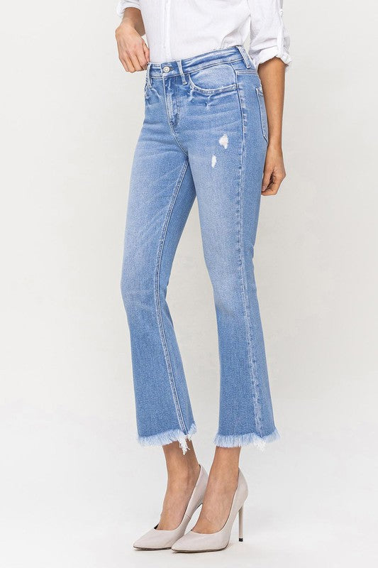 FLYING MONKEY HIGH RISE KICK FLARE RAW HEM BECCA