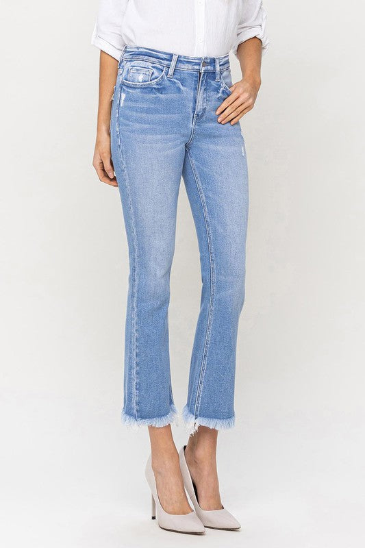 FLYING MONKEY HIGH RISE KICK FLARE RAW HEM BECCA