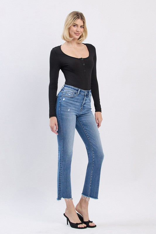 LOVERVET HIGH RISE UNEVEN RAW HEM SLIM STRAIGHT JEANS ANNABEL