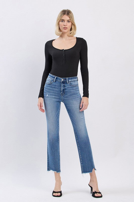 LOVERVET HIGH RISE UNEVEN RAW HEM SLIM STRAIGHT JEANS ANNABEL