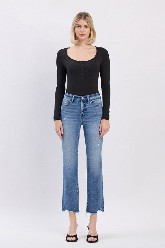 LOVERVET HIGH RISE UNEVEN RAW HEM SLIM STRAIGHT JEANS ANNABEL