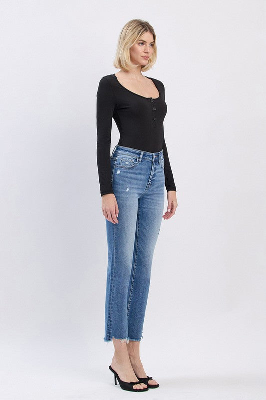LOVERVET HIGH RISE UNEVEN RAW HEM SLIM STRAIGHT JEANS ANNABEL