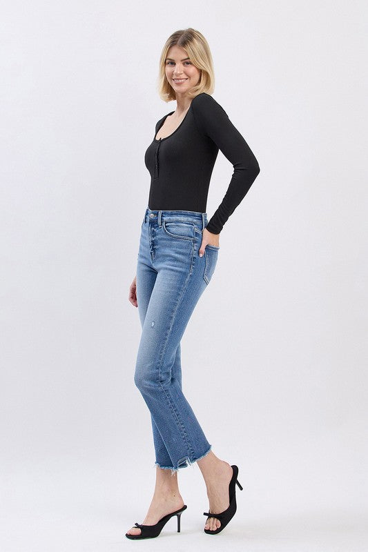 LOVERVET HIGH RISE UNEVEN RAW HEM SLIM STRAIGHT JEANS ANNABEL