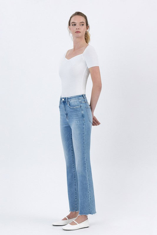 LOVERVET HIGH RISE UNEVEN RAW HEM KICK FLARE SCARLETT