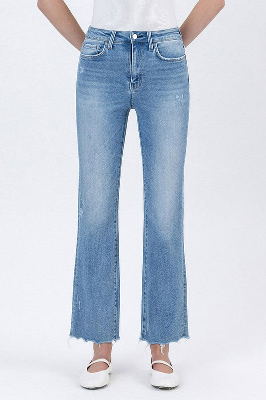 LOVERVET HIGH RISE UNEVEN RAW HEM KICK FLARE SCARLETT