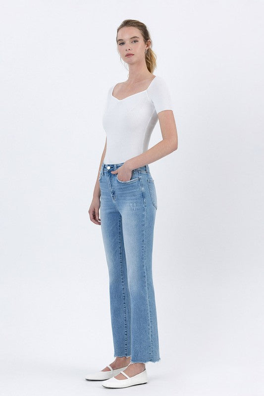 LOVERVET HIGH RISE UNEVEN RAW HEM KICK FLARE SCARLETT
