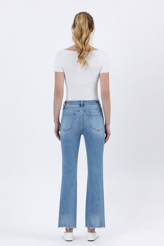 LOVERVET HIGH RISE UNEVEN RAW HEM KICK FLARE SCARLETT