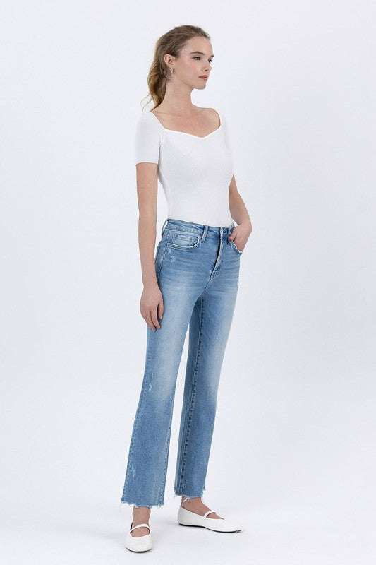 LOVERVET HIGH RISE UNEVEN RAW HEM KICK FLARE SCARLETT
