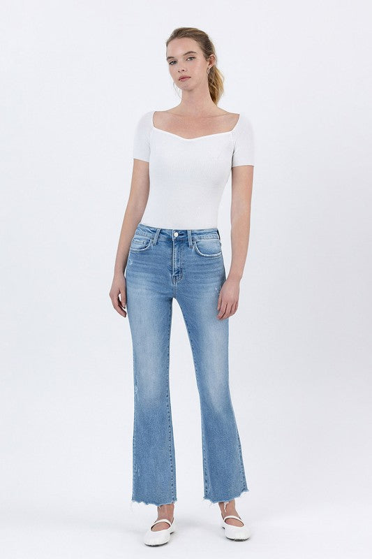 LOVERVET HIGH RISE UNEVEN RAW HEM KICK FLARE SCARLETT