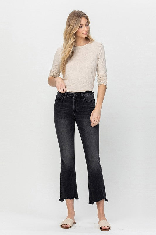 FLYING MONKEY MID RISE DISTRESSED HEM CROP FLARE TALIA TRIAL THING