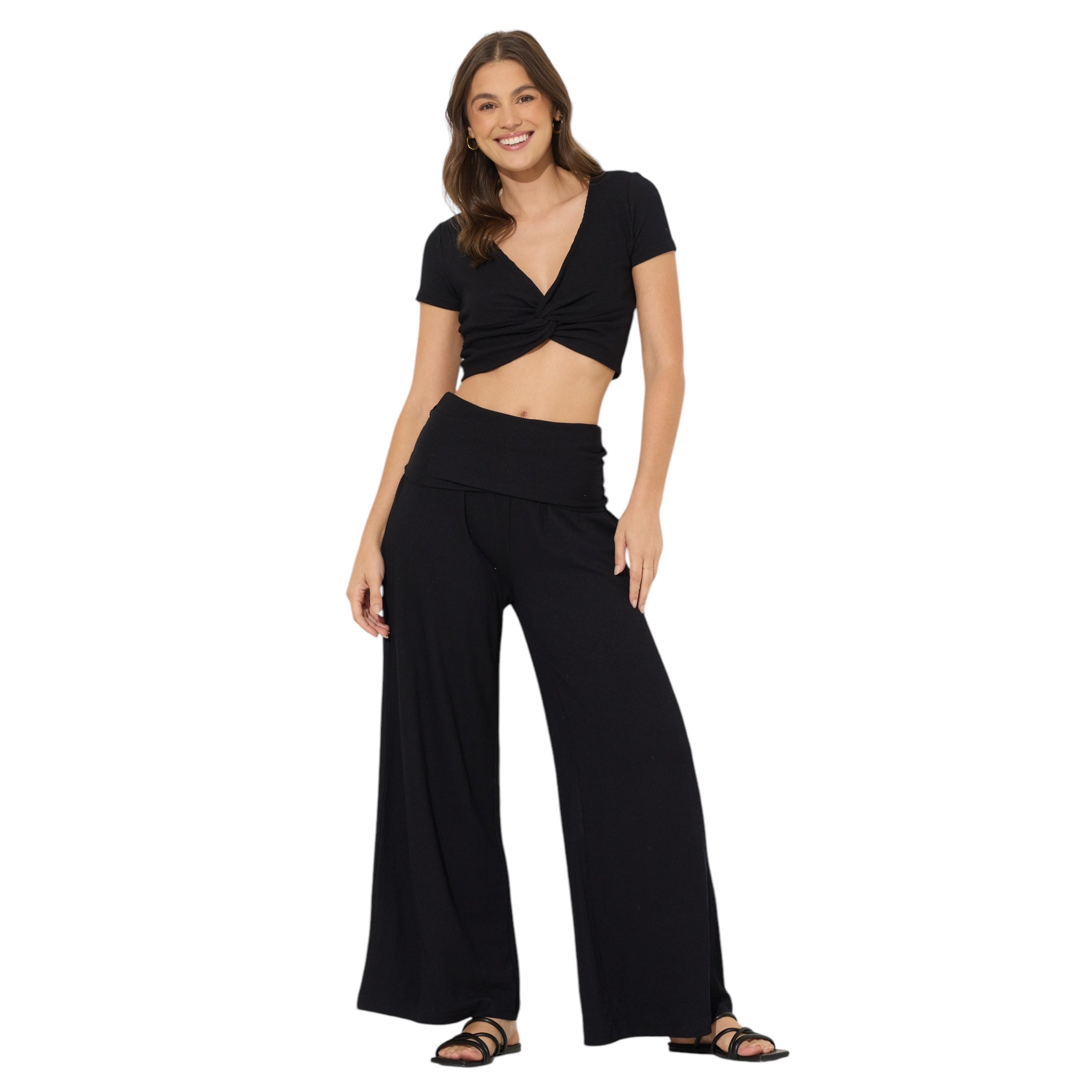 OCEAN DRIVE BLACK RIB KNIT FLARE PANT