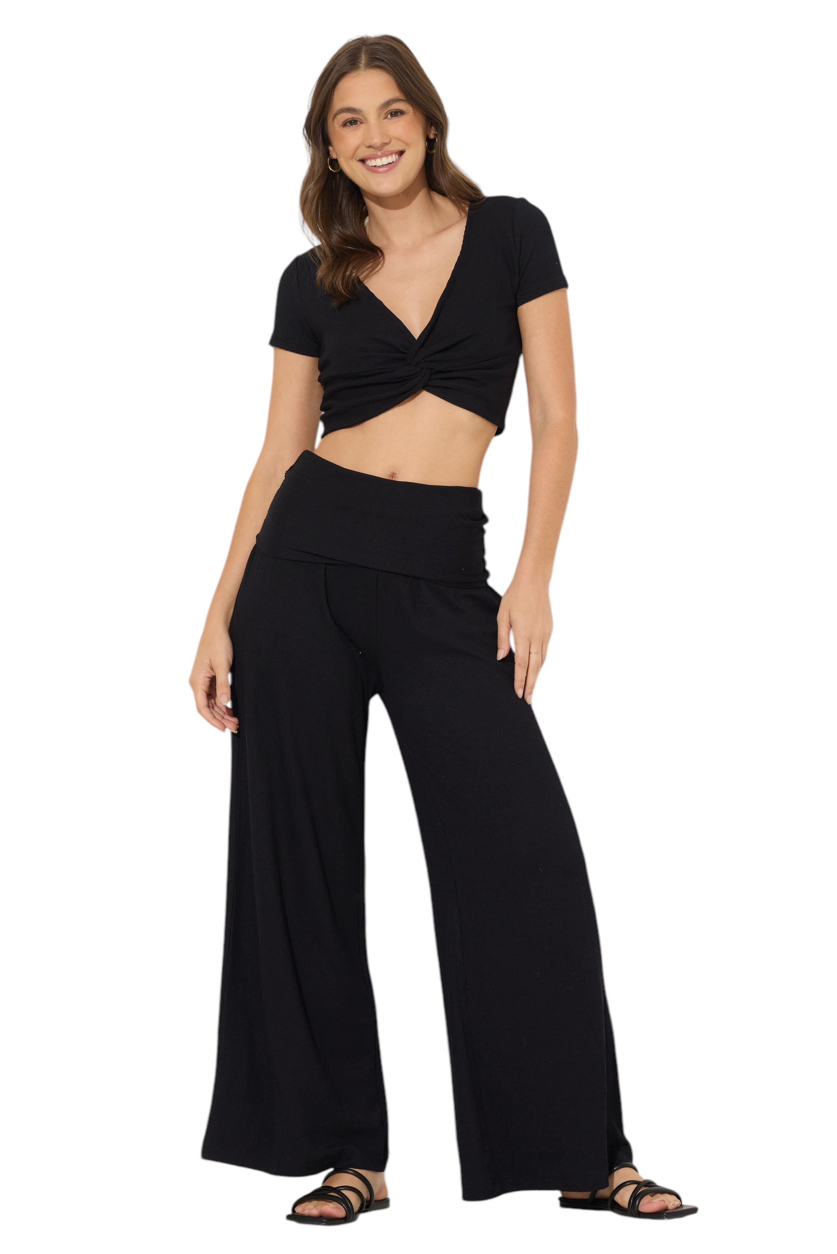 OCEAN DRIVE BLACK RIB KNIT FLARE PANT