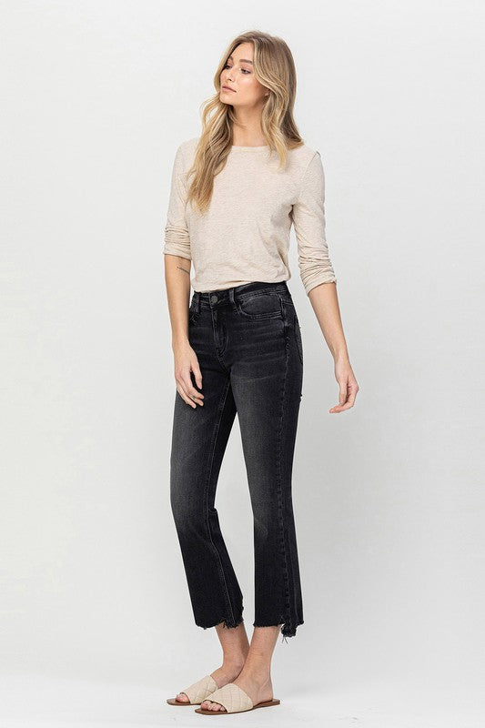 FLYING MONKEY MID RISE DISTRESSED HEM CROP FLARE TALIA TRIAL THING